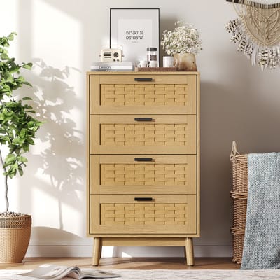 Ladekast 4 lades 55x40x95 cm, commode, opbergkast, dressoir, woonkamerkast, rotan look, MDF, eikenkleur