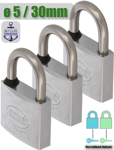 AMIG Hangslot met Sleutel Klein RVS Ø5/30mm - Standaard Beugel Buiten 3 Stuks