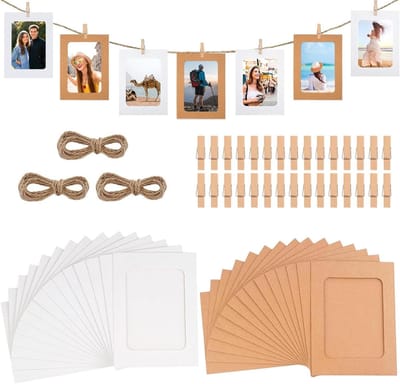 30 stuks kartonnen fotolijsten voor doe-het-zelf projecten - kraftpapier met klemmen en henneptouwen - fotolijsten voor verjaardag, bruiloft, feest, jubileum (wit en bruin)