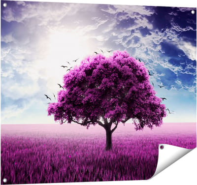 Gards Tuinposter Paarse Boom in het Paars Veld met Vogels - 100x80 cm - Tuindoek - Tuindecoratie - Wanddecoratie buiten - Tuinschilderij