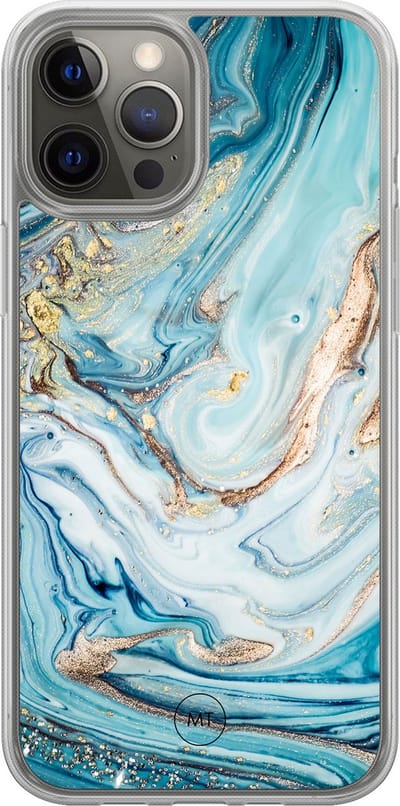 Hybride hoesje geschikt voor iPhone 12- Marmer blauw goud - Extra bescherming - Luxe beschermhoes - TPU case - Transparant, Blauw, Goud - Mooie Telefoonhoesjes
