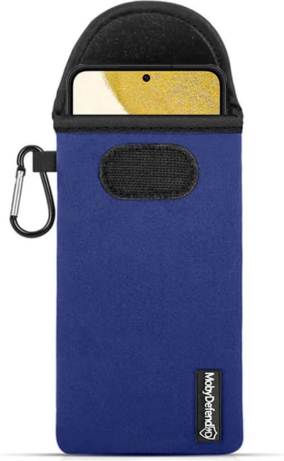 MobyDefend Hoesje - Geschikt voor Samsung Galaxy S22 - Neopreen Pouch Met Karabijnhaak - Insteek - Riemlus - Blauw