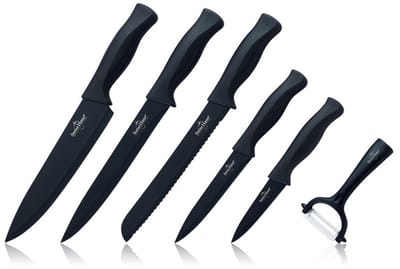Swiss Haus® KS6B Messenset - 6 Delig Professionele Koksmessen Set met Broodmes, Koksmes, Vleesmes & Dunschiller – Antiaanbaklaag – Inclusief Geschenkdoos - Zwart