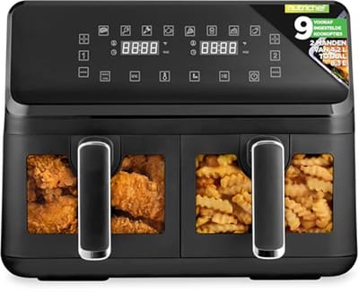 Dubbele Mand Luchtfriteuse 8.8 QT | Gezinsformaat Olievrije Friteuse met 360° Heet Lucht Technologie | 9 Voorgeprogrammeerde Kookopties