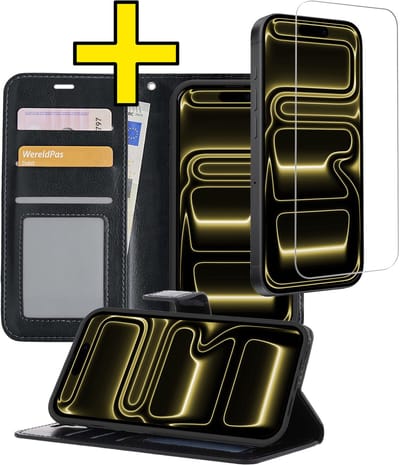 Hoesje - Met Screenprotector - Geschikt voor Apple iPhone 17 Pro - Luxe Pasjeshouder - Bookcase Portemonee - Flip Case - Kunstleer Book Case - Flipcase - Book Cover - Walletcase - Portemonneehoes - Telefoonhoesjes - Zwart