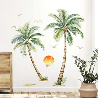 Grote Vinyl Wandsticker 123 x 128 cm met Palmbomen, Zonsondergang en Vogels, Tropisch Motief voor Woonkamer, Slaapkamer en Badkamer Decoratie