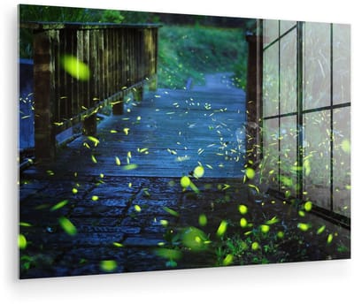 ® Glasschilderij 180x120 cm - Schilderij acrylglas - Vuurvliegjes over een brug - Foto op glas - Muurdecoratie woonkamer - Wanddecoratie slaapkamer - Schilderijen