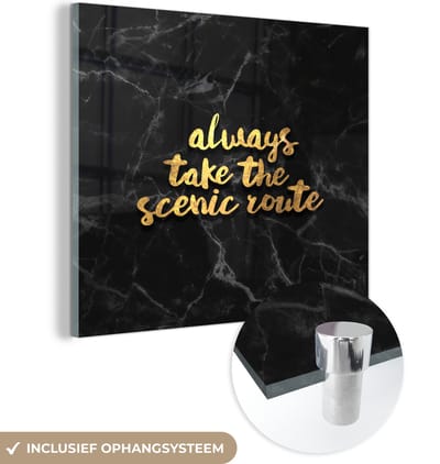 MuchoWow® Glasschilderij 50x50 cm - Schilderij acrylglas - Quote - Spreuken - Goud - Marmer - Foto op glas - Schilderijen