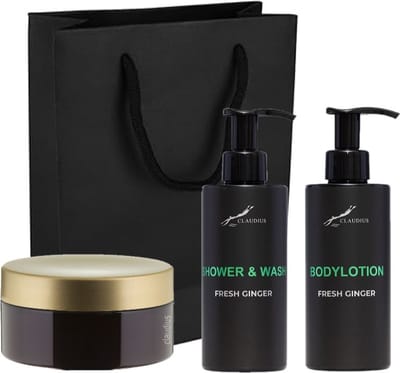 Douchepakket Fresh Ginger - Shower & wash + Bodylotion + Scrubzout 300 gram - 300 ml per fles - set van 3 stuks - met luxe gift tas - cadeau - giftset voor hem en haar