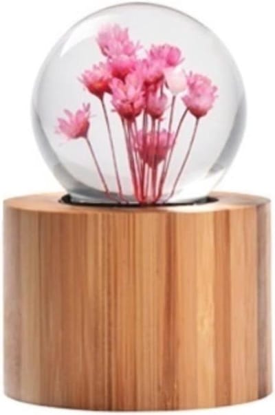 Muziekdoosje Kristallen Bol - Echte Bloem Decoratie - Herinneringen Herbeleven - Handgepolijst Hout - 8x12cm - Roze