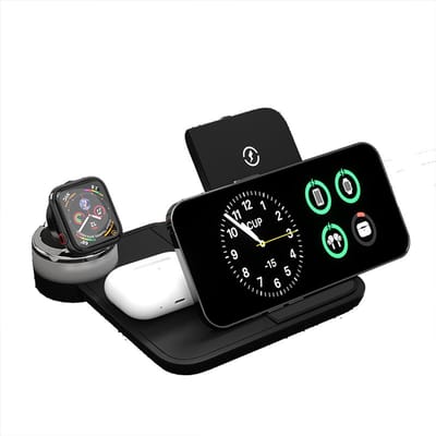 4-in-1Multifunctioneel draadloze oplader iphone-magsafe oplader- Opvouwbaar - Geschikt voor iPhone & Android Smartphones - Geschikt voor MagSafe iPhone, Apple Watch, AirPods - Android-Met LED-verlichting - horizontaal en verticaal opladen - zwart