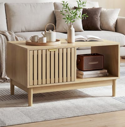 MIVRAY Salontafel - Mid Century Design Met Lade En Open Vakken - Voor Kleine Woonkamer - Houtlook Eiken - 80x50x45 Cm