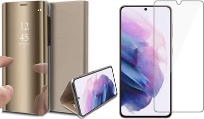 Hoesje geschikt voor Samsung Galaxy S21 FE - Book Case Spiegel Wallet Cover Hoes Goud - Tempered Glass Screenprotector