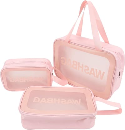 Draagbare toilettas voor dames - Set van 3 transparante cosmeticatasjes met grote capaciteit voor reizen, zwemmen en de sportschool - Roze