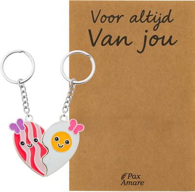 Koppel Sleutelhanger voor 2 'Voor altijd van jou' - Magnetisch Hartje Bacon & Ei - Sleutelhanger set op Cadeau Kaartje - Zilverkleurig - Persoonlijke Hanger - Pax Amare