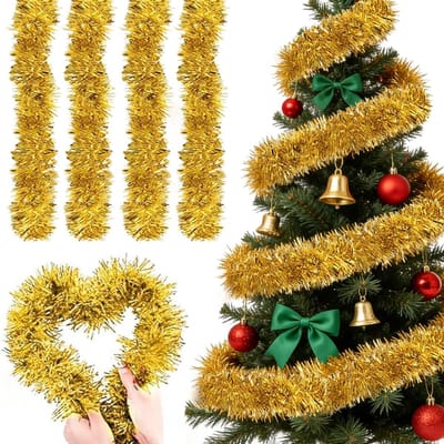 Set van 4 Lametta Slingers (8 m totaal), Extra Fluffy en 9 cm Breed, Glanzende Decoratie voor Feestdagen, Kerstboom en Party Versiering in Goud