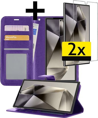 Hoesje - Met 2x Screenprotector - Geschikt voor Samsung Galaxy S24 Ultra - Luxe Pasjeshouder - Bookcase Portemonee - Flip Case - Kunstleer Book Case - Flipcase Hoes - Book Cover - Walletcase - Portemonneehoes - Telefoonhoesjes - Paars