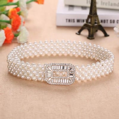 Elegante Vrouwen Parel Taille Riem Elastische Gesp Parelketting Riem Vrouwelijke Meisjes Jurk Kristal Band Parel Elastische Riem Luxe Merk wit