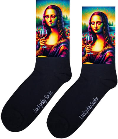 Kunstsokken - Mona Lisa - Wijn sokken - Kunst sokken - Schilderij sokken - Opkikker Cadeau - Grappige sokken - Verjaardag cadeau - Vrolijke sokken - Luckyday Socks - Grappige cadeau - Kerstsokken - Vaderdag - Moederdag - Onesize
