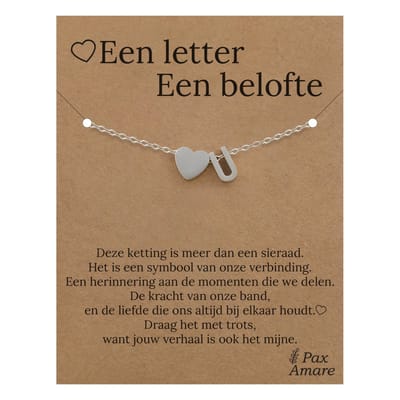 Letter U Armband op Cadeau Kaartje - Een letter, een belofte - 15,5cm + 5,5cm verstelbaar Zilverkleurig Stainless Steel - Initiaal & Hartje Hanger - Pax Amare