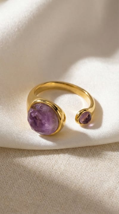 Lundholm Sophia Ring Dames – Premium Stainless Steel PVD Gold Plated – Verstelbare Ring Goudkleurig met Amethist Edelstenen Steen Paars – One Size – Scandinavisch Design