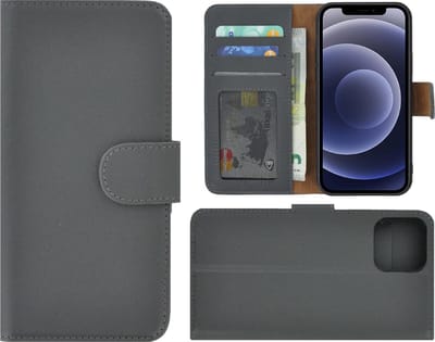 iPhone 12 hoesje - Bookcase - Portemonnee Hoes Echt leer Wallet case Grijs