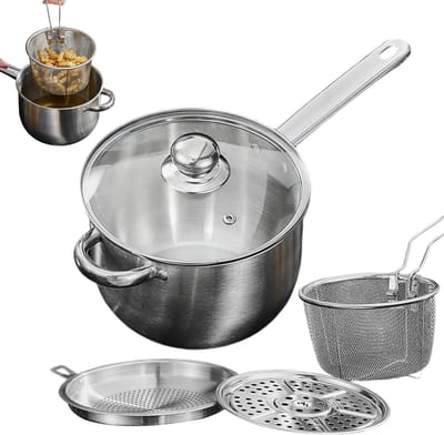 Frituurpan met mand - Keukenpan diep - Snacks bereiden - Roestvrij staal - 38 cm lengte - Zilver