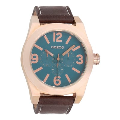 OOZOO Timepieces - Rosé goudkleurige horloge met donker bruine leren band - C6733