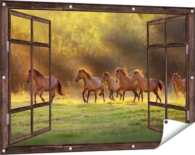 Gards Tuinposter Doorkijk Kudde Bruine Paarden in de Wei - 120x80 cm - Tuindoek - Tuindecoratie - Wanddecoratie buiten - Tuinschilderij