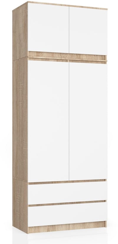 Kleidingkast S90 met Opzetstuk, 2 Deuren en 2 Lades / AKORD Furniture Factory / Sonoma Eik - Wit / 90 x 234 x 51 cm