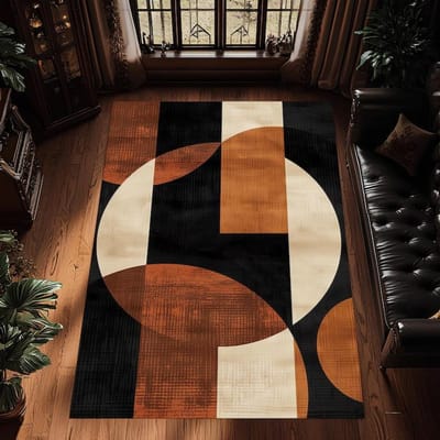 Abstract Rond Tapijt, Verbrand Oranje Beige Zwart Tapijt, Moderne Minimalistische Wasbare Vloermat 120*160cm