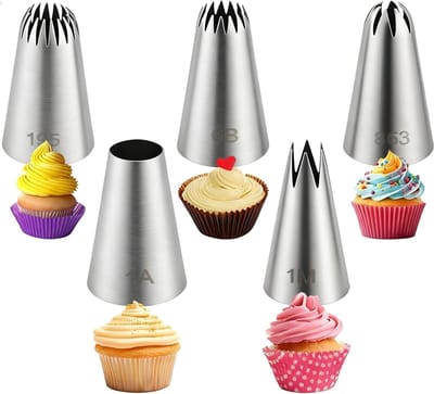 5 stuks spuitmondjes, professionele roestvrijstalen spuitmondjes, herbruikbaar voor taarten, cupcakes, koekjes en decoratie met glazuur.