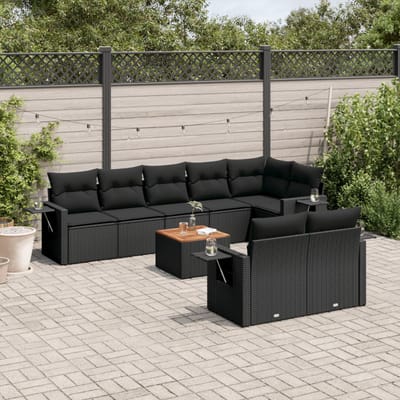 vidaXL - 9-delige - Loungeset - met - kussens - poly - rattan - zwart