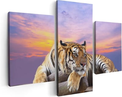 Artaza Canvas Schilderij Drieluik Tijger Tijdens Zonsondergang - 90x60 - Foto Op Canvas - Canvas Print