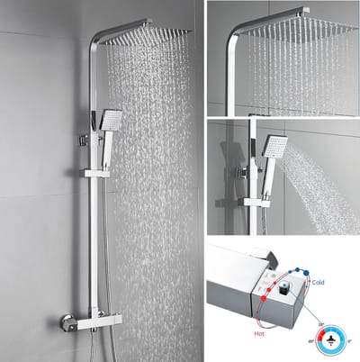 Auralum Max Regendouche met Thermostaatkraan - Chroom Doucheset - Roestvrij Staal - 25x25 cm Douchekop - Hoogte Verstelbaar 75-127 cm - Waterbesparend - Chroom