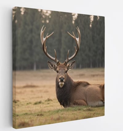 Saammp Canvas Schilderij - Liggend Hert in de wei - Natuur - Dieren - 20x20 - Foto op canvas - Wanddecoratie - Muurdecoratie Woonkamer - Slaapkamer decoratie - Canvas Print