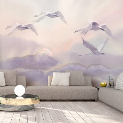 200cm X 140cm - Fotobehang - Vliegende Zwanen, premium print vliesbehang