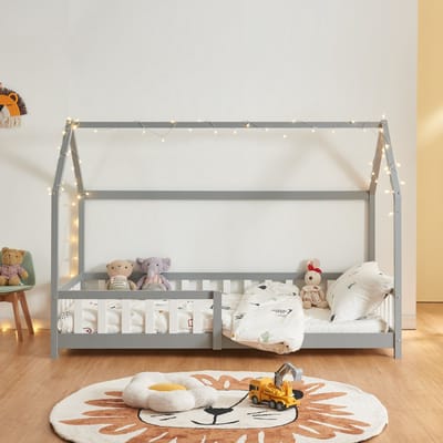 Kinderbed Hesel huisbed met matras en uitvalbeveiliging 90x200 cm grijs [en.casa] [neu.haus]
