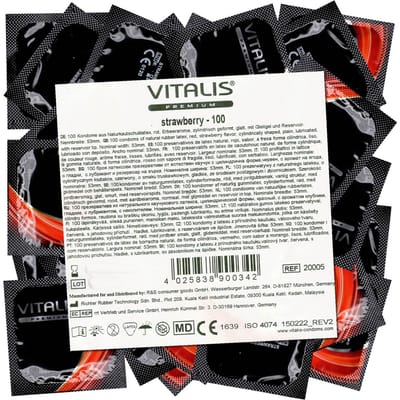 VITALIS Condooms Pack met Aardbei Aroma | Nominale breedte 53 mm | Gevoelsechte farbige | Premium gearomatiseerd | Flinterdunne Für Männer | 100er stuks