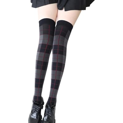 Dames 50D Nylon Rood en Zwart Gedurfd Tartan Plaid Over-de-Knie Sokken Schots Tartan Patroon Ondoorzichtige Kousen Volledige Lengte 55cm One Size gray