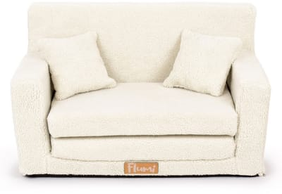 Flumi opvouwbare mini kindersofa van teddy stof – zachte kinderbank met uitklapfunctie en afneembare hoes, lichtbeige