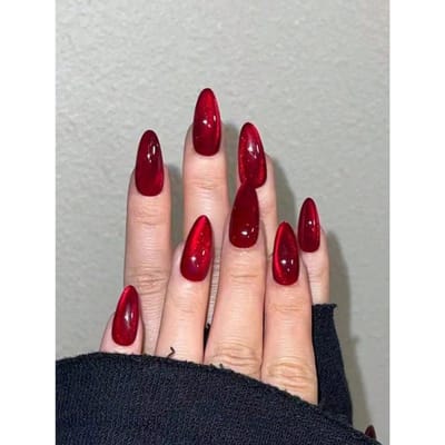 Esthetische Bloedrood Kristal Kattenoog Press-On Nagels, Lange Amandelrood Kattenoog Kunstnagels, Geschikt Voor Dagelijkse Draagsteren Vrouwen En Meisjes rood