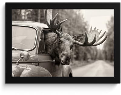 Poster in lijst - Fotolijst 30x20 cm - Posters - Eland - Auto - Gewei - Zwart - Wit - Posterlijst zwart - Decoratie - Wanddecoratie woonkamer - Muurdecoratie slaapkamer