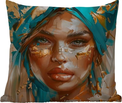 Sierkussen Buiten - Vrouw - Portret - Goud - Luxe - Blauw - 60x60 cm - Weerbestendig