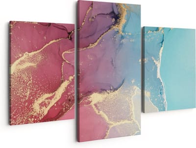 Artaza Canvas Schilderij Drieluik Abstracte Kunst van Marmer - Roze met Blauw - 150x120 - Groot - Foto Op Canvas - Canvas Print