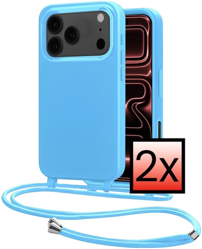 Hoes Geschikt voor iPhone 17 Pro Met Telefoonkoord - Siliconen Hoesje Backcover Met Ketting - Lichtblauw - 2 PACK