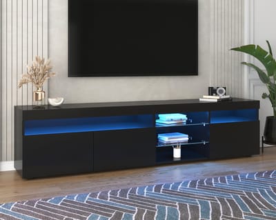 REDOM TV-meubel 180x35x48 cm van MDF, zwart hoogglans met glaslaminaat, met variabele LED en opbergruimte