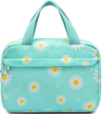 Homesy - Make-uptas, reis-make-uptas, sieradenetui, set, draagbare corduroy tas, sieradenbox, organizer voor vrouwen en meisjes - Cord White Daisy Groen