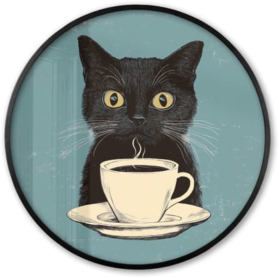 Poster in lijst Rond - Fotolijst 60x60 cm - Posters - Kat - Zwart - Koffie - Minimalistisch - Ronde posterlijst zwart - Decoratie - Wanddecoratie woonkamer - Muurdecoratie slaapkamer