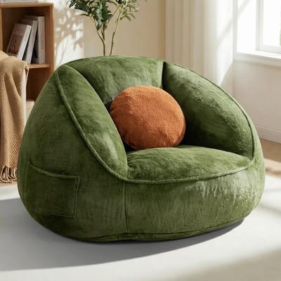 HOMMPA XXL Zitzak Groen – Memory Foam Relaxstoel met Rugleuning – Kunstkonijnenbont Hoes – Inclusief Kussen & Zijvak – 120×110×80 cm